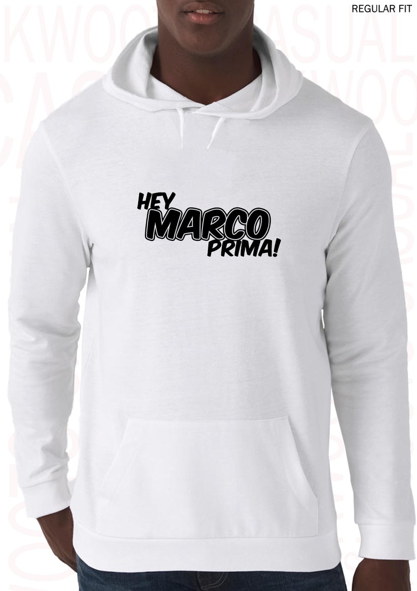 HEY MARCO PRIMA! heren hoodie – Maat 3XL - Wit - Lange mouwen - Regular Fit - Met capuchon en steekzakken - Leuke hoodies | truien | sweaters - Grappige teksten - Original Kwoots - Humor - Cadeau - TikTok